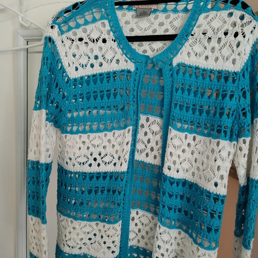 NEAUVOUX SUMMER CHROCHET BOLERO TURQUOISE AND WHITE SWEATER SZ SMALL